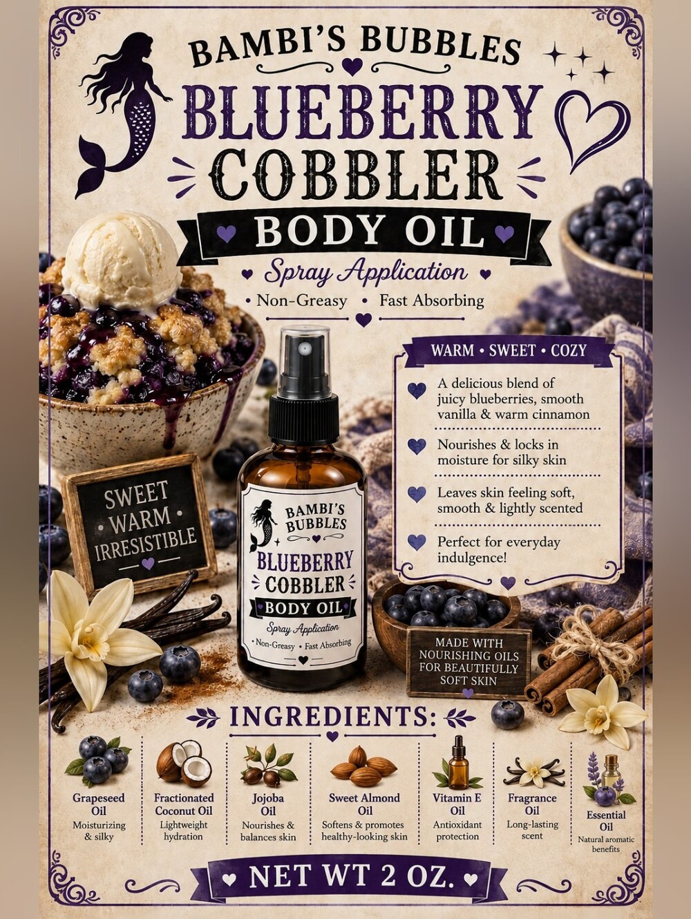 New! Bambis Bubbles Blueberry Cobbler Body Oil Spray 2oz